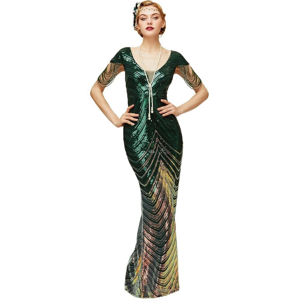 Women Mermaid Sequin Gown Maxi Prom Dress Beaded Evening Party Green